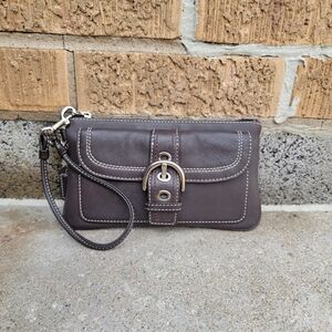 Caach Y2K Mahogany Brown Leather Soho Buckle Flap Wristlet Handbag